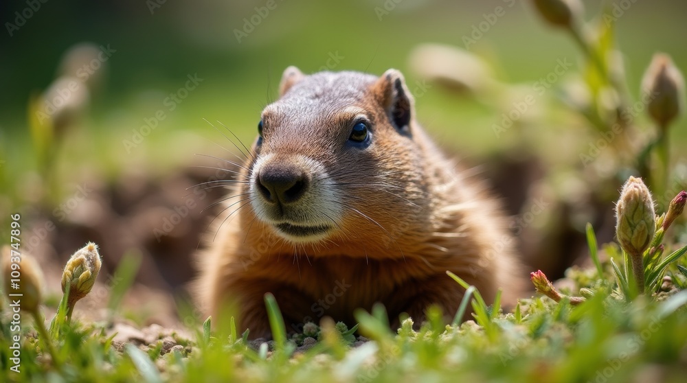 Naklejka premium close-up of a groundhog emerging from its burrow on a sunny day, surrounded by budding flowers and green grass, symbolizing the arrival of early spring. The image captures the essence of Groundhog Day