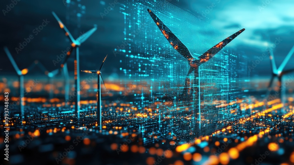Scada system monitoring operations room for operator control with clean energy wind turbines farm surrounded by futuristic graphic icon at background.