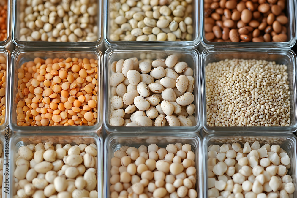 variety of plant-based protein sources including beans nuts and grains for healthy living. high quality image variety of plant-based protein sources including beans nuts and grains for healthy living. high quality image