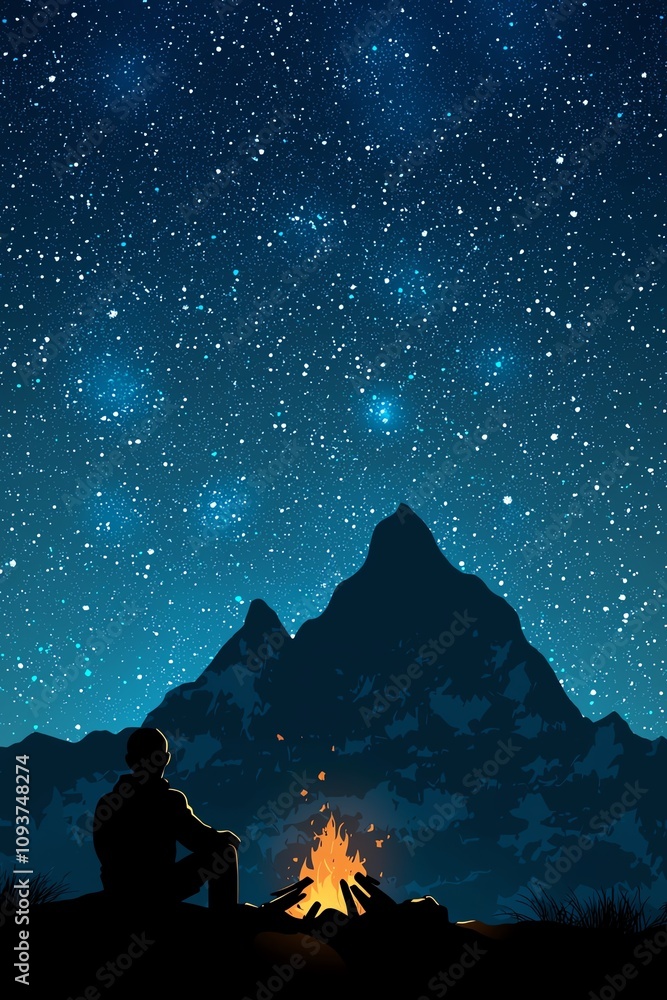 Silhouette of a camper sitting by a campfire under starry night sky, mountain landscape in background Silhouette of a camper sitting by a campfire under starry night sky, mountain landscape in background