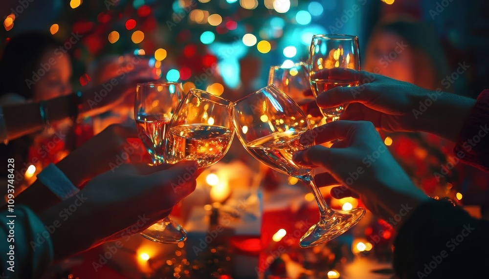 Christmas gift exchange party with vibrant lights, dynamic energy, cozy atmosphere Christmas gift exchange party with vibrant lights, dynamic energy, cozy atmosphere