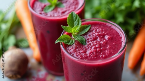 Wallpaper Mural A close-up of a vibrant liver cleanse juice in a glass, featuring ingredients like beets, carrots, and greens, showcasing its rich color and texture, conveys a sense of health and detoxification Torontodigital.ca