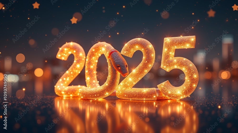A futuristic New Year's scene featuring a glowing digital snake hologram twisting around the numbers 2025. The snake emits a warm golden glow, surrounded by shimmering stars and a festive cityscape A futuristic New Year's scene featuring a glowing digital snake hologram twisting around the numbers 2025. The snake emits a warm golden glow, surrounded by shimmering stars and a festive cityscape
