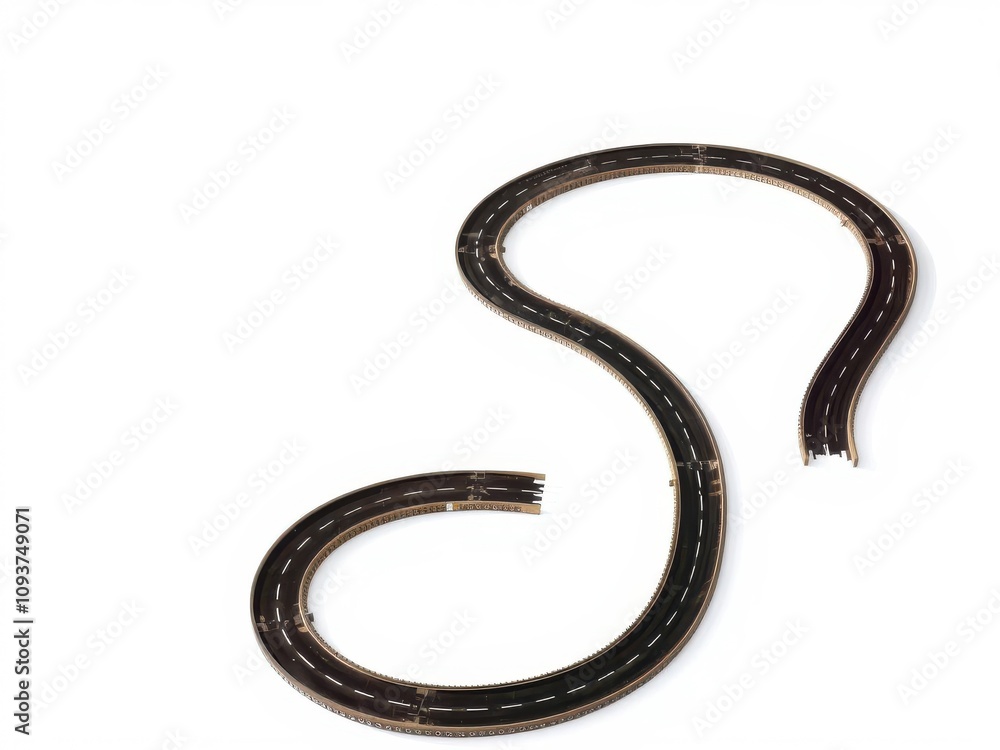 Curvy, winding road on a blank white canvas, transportation, travel, white background