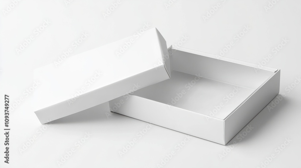 A rectangular, glossy white gift box, displayed with the lid slightly open on a smooth white surface