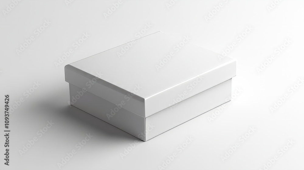 A rectangular, glossy white gift box, displayed with the lid slightly open on a smooth white surface A rectangular, glossy white gift box, displayed with the lid slightly open on a smooth white surface