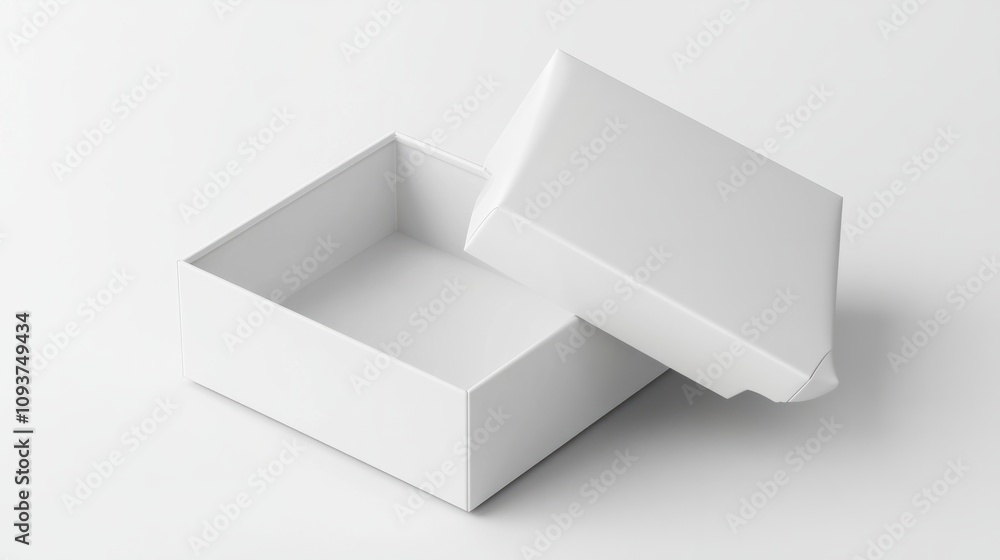 A rectangular, glossy white gift box, displayed with the lid slightly open on a smooth white surface A rectangular, glossy white gift box, displayed with the lid slightly open on a smooth white surface