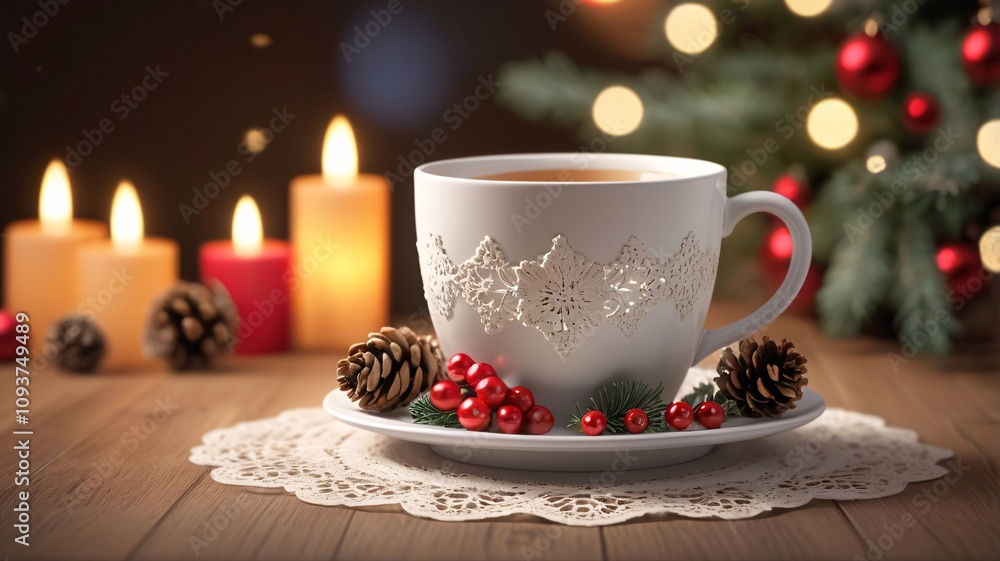 Christmas Mug with Holly Design Ornaments and Soft Bokeh Lights in a Hygge Holiday Scene V2 Christmas Mug with Holly Design Ornaments and Soft Bokeh Lights in a Hygge Holiday Scene V2