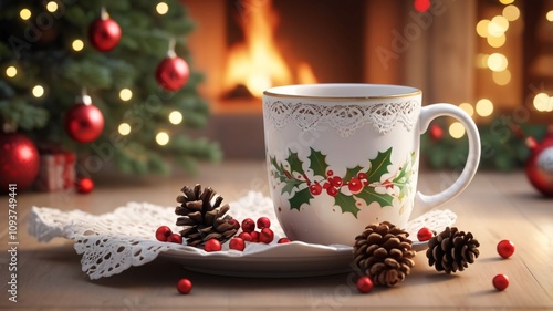 Wallpaper Mural Christmas Mug with Holly Design Ornaments and Soft Bokeh Lights in a Hygge Holiday Scene V1 Torontodigital.ca