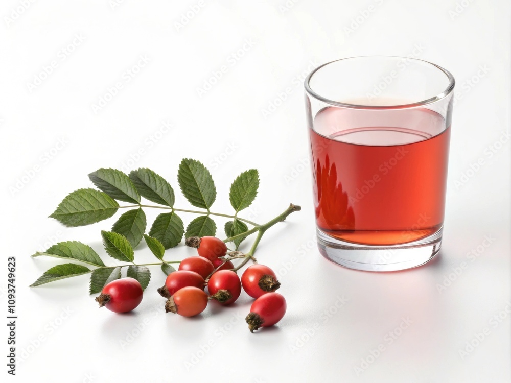 single glass of rosehip infusion on a clean white background, emphasizing its rich color and natural essence single glass of rosehip infusion on a clean white background, emphasizing its rich color and natural essence