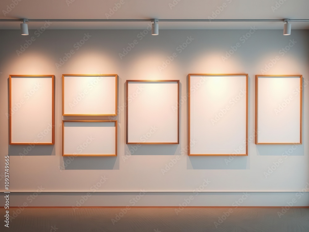 Hanging gallery frames mockups in a modern living room setting, perspective, template Hanging gallery frames mockups in a modern living room setting, perspective, template