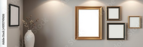 Hanging gallery frames mockups in a modern interior setting, gallery, presentation