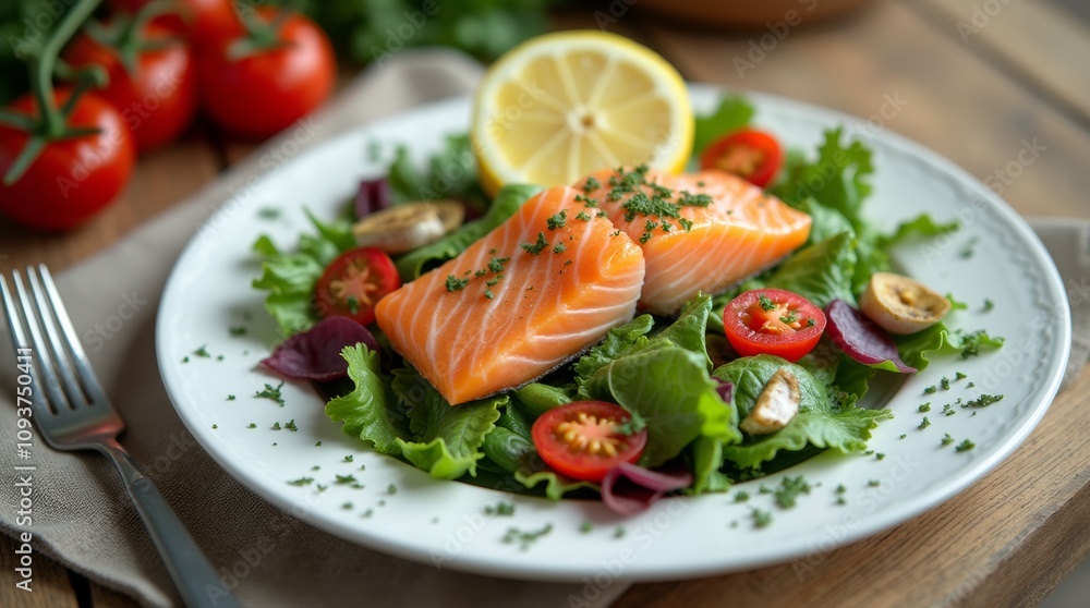 intermittent fasting concept plate with salad, salmon, fish and vegetables, tomato, lemon intermittent fasting concept plate with salad, salmon, fish and vegetables, tomato, lemon