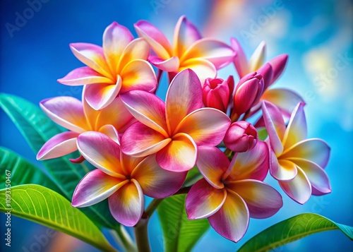 Vibrant Pink and Yellow Plumeria Flowers Against a Soft Blue Background, Showcasing Nature's Beauty and the Delicate Details of Tropical Flora in High Depth of Field Photography