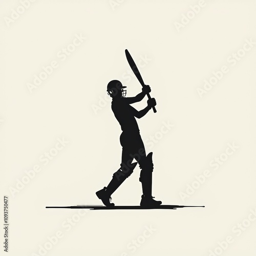 cricket batsman silhouette mid-swing, simple black and white design, empty background, focus on the curve of the bat and stance of the player, clean lines, no extraneous detail photo