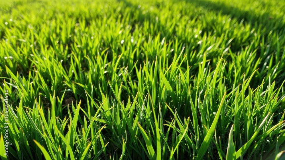 Obraz premium Vibrant green grass blades glistening in the sunlight on a fresh spring day, outdoors, lush, season