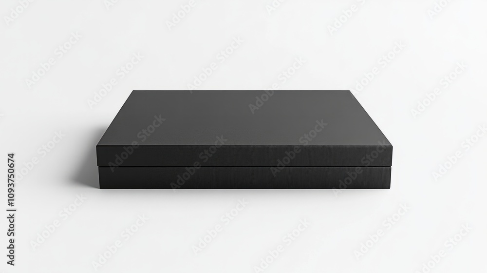A rigid black matte box with a magnetic flap, perfectly centered on a plain white background A rigid black matte box with a magnetic flap, perfectly centered on a plain white background