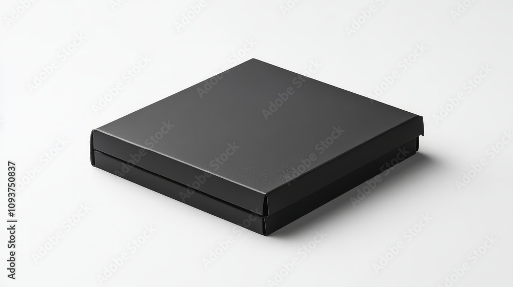A rigid black matte box with a magnetic flap, perfectly centered on a plain white background A rigid black matte box with a magnetic flap, perfectly centered on a plain white background