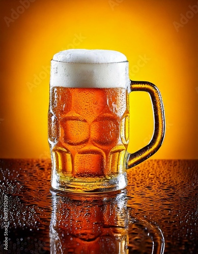 Frosted Beer Mug with Foam on Reflective Amber Background photo