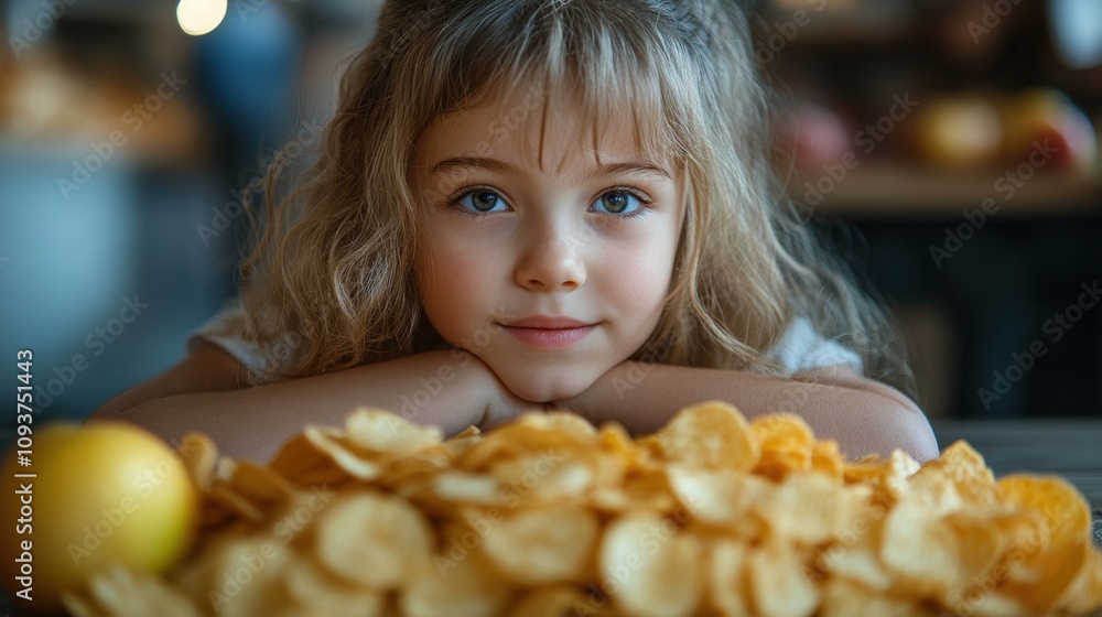 Young girl surrounded by apples and chips, choice between healthy and snack food, curious expression, indoor setup, childhood nutrition, learning about food Young girl surrounded by apples and chips, choice between healthy and snack food, curious expression, indoor setup, childhood nutrition, learning about food
