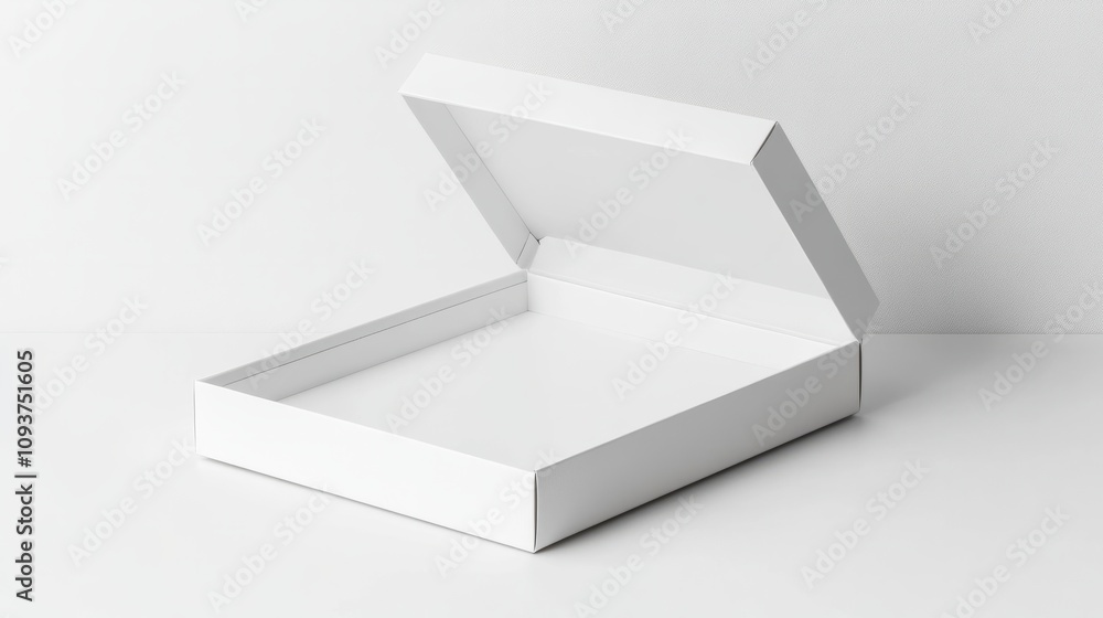 A rigid white box with a magnetic closure, displayed open on a clean white surface A rigid white box with a magnetic closure, displayed open on a clean white surface