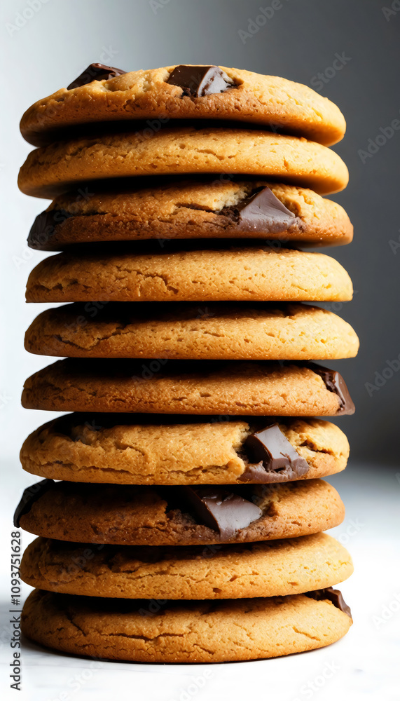 A tantalizing stack of freshly baked chocolate chip cookies, showcasing golden-brown textures and rich chocolate pieces. Perfect for food photography enthusiasts. A tantalizing stack of freshly baked chocolate chip cookies, showcasing golden-brown textures and rich chocolate pieces. Perfect for food photography enthusiasts.
