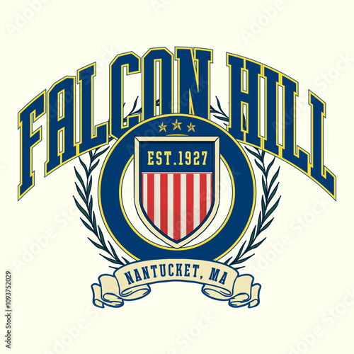 logo slogan graphic, retro college club university with sport, shield and laurel. city nantucket, health and fitness club summer SS24 tennis crest sport