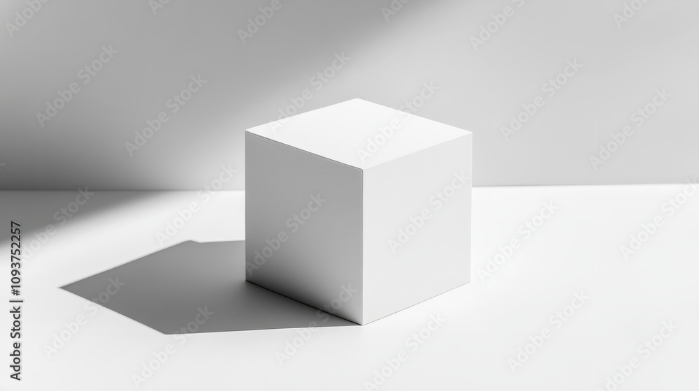 A simple white cube-shaped box with sharp edges, casting soft shadows on a clean white surface A simple white cube-shaped box with sharp edges, casting soft shadows on a clean white surface