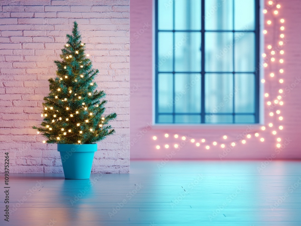 Fototapeta premium christmas tree in a blue pot, in a big empty space next to a window