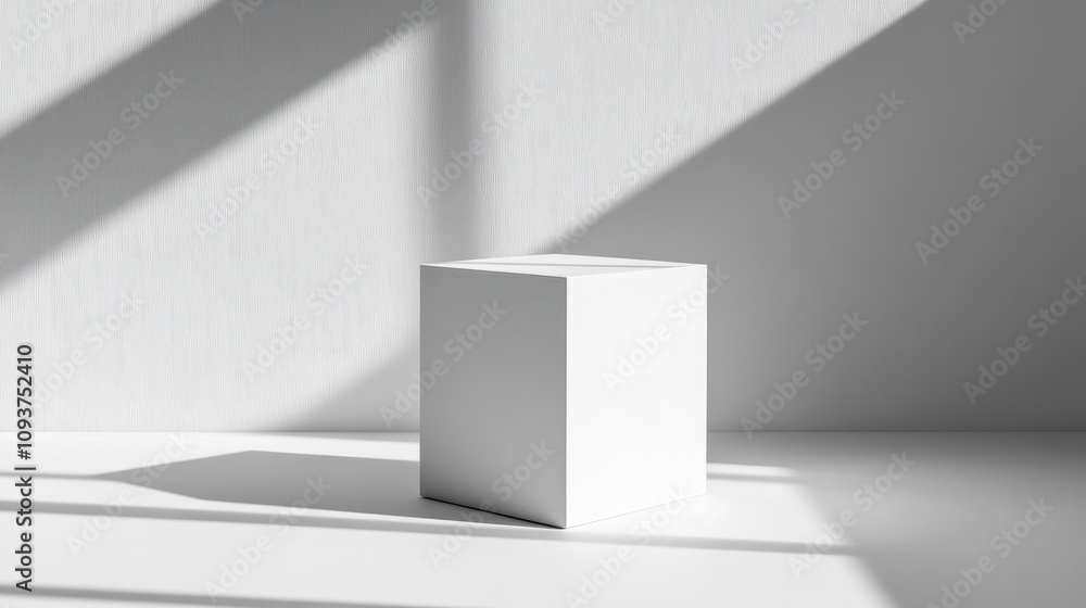Fototapeta premium A simple white cube-shaped box with sharp edges, casting soft shadows on a clean white surface