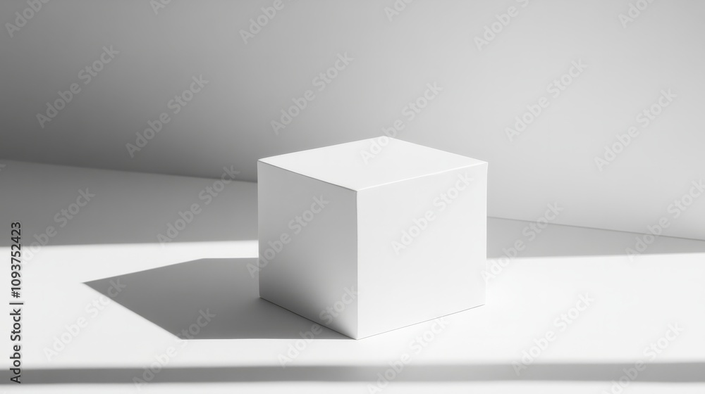 A simple white cube-shaped box with sharp edges, casting soft shadows on a clean white surface A simple white cube-shaped box with sharp edges, casting soft shadows on a clean white surface