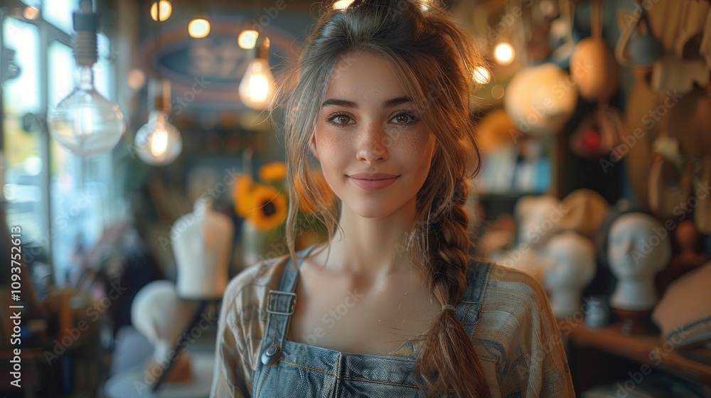 Obraz premium Young Female Clothing Store Assistant Setting Up a Display Mannequin