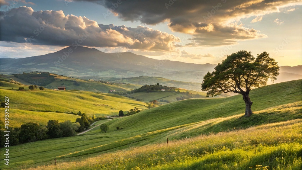 Fototapeta premium Golden Hour Majestic Tree, Rolling Hills, and a Picturesque Farmhouse Bathed in Ethereal Light and Cinematic Composition V2