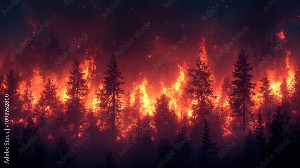 Intense forest wildfire with tall flames against night sky, environmental disaster, forest burning, intense heat, nature destruction, emergency response, forest fire, dark sky Intense forest wildfire with tall flames against night sky, environmental disaster, forest burning, intense heat, nature destruction, emergency response, forest fire, dark sky