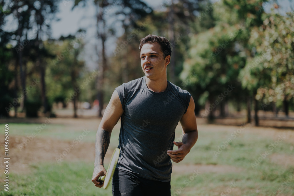 A young man smiling while holding a frisbee in a sunlit park, enjoying outdoor fun and exercise. The lush green surroundings emphasize the joy of a casual day in nature. A young man smiling while holding a frisbee in a sunlit park, enjoying outdoor fun and exercise. The lush green surroundings emphasize the joy of a casual day in nature.
