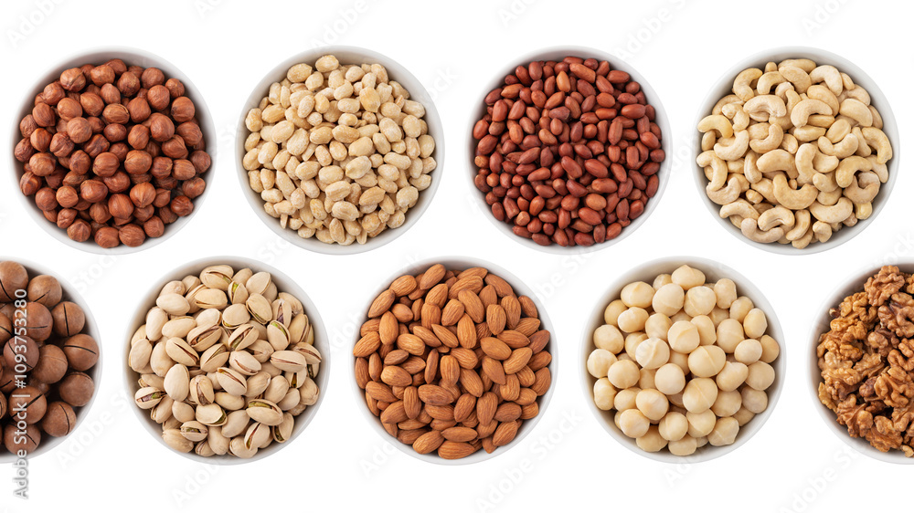 Many different nuts in white bowl isolated on white background. Hazelnuts, almonds, peanuts, pistachios, walnuts and macadamia nuts Many different nuts in white bowl isolated on white background. Hazelnuts, almonds, peanuts, pistachios, walnuts and macadamia nuts