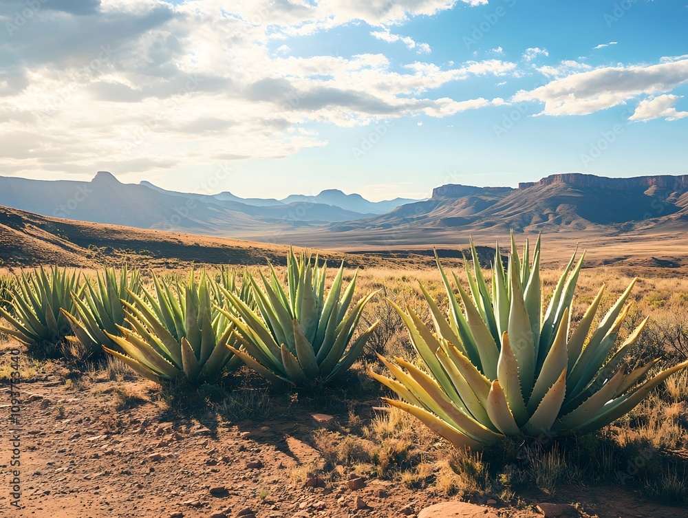 A cluster of aloe vera plants in a vast sunny desert A cluster of aloe vera plants in a vast sunny desert