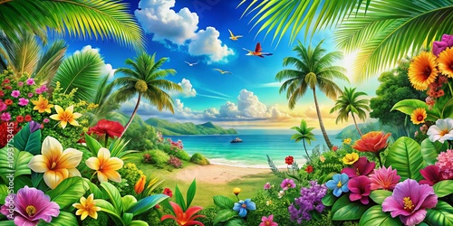 Vibrant Summer Wallpaper Background Featuring Lush Green Landscapes, Bright Blue Skies, and Exotic Tropical Elements for a Refreshing Seasonal Aesthetic