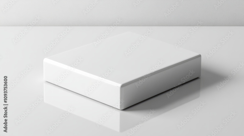 A sleek rectangular white box with rounded corners, resting neatly on a glossy white surface