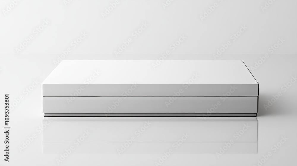 A sleek rectangular white box with rounded corners, resting neatly on a glossy white surface A sleek rectangular white box with rounded corners, resting neatly on a glossy white surface