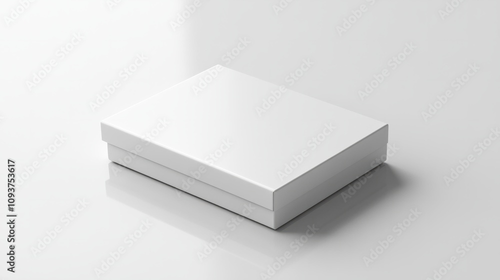 A sleek rectangular white box with rounded corners, resting neatly on a glossy white surface A sleek rectangular white box with rounded corners, resting neatly on a glossy white surface