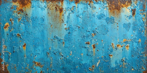 Rusty blue textured metal surface with peeling paint and corrosion, creating an abstract background for artistic projects and designs.