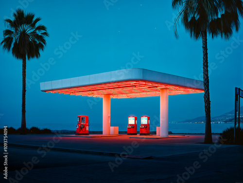Vintage gas station in Miami, palm trees, neon light, kitsch