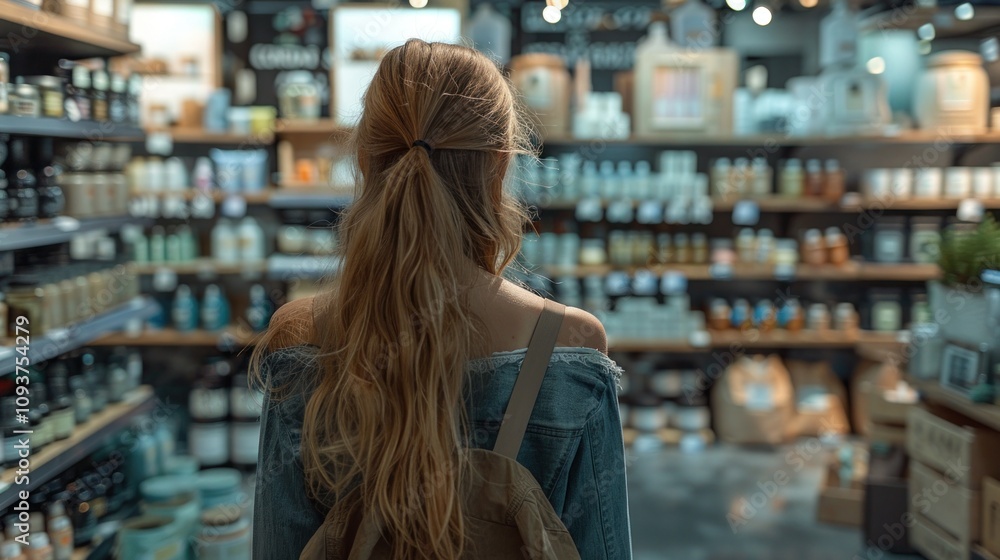 Young Female Customer Browsing Products in a Home Goods Store Young Female Customer Browsing Products in a Home Goods Store