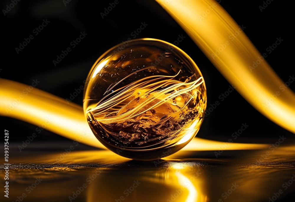 Glowing golden orb encircled by futuristic waves Glowing golden orb encircled by futuristic waves