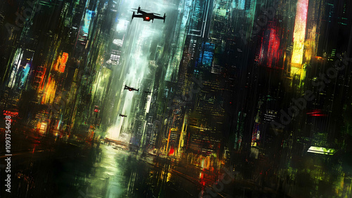 An abstract futuristic cityscape with towering glass buildings flying drones and bright neon lights reflecting off wet streets a blend of dark tones and vibrant hig photo