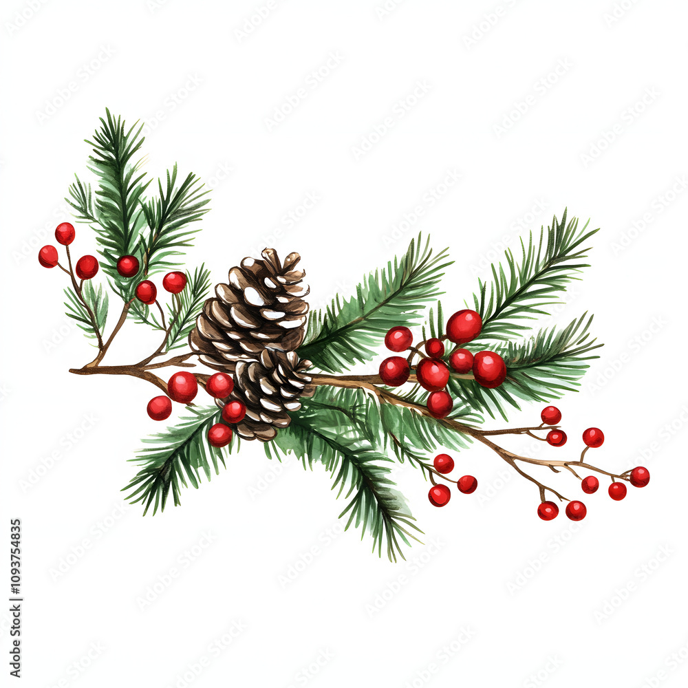 Illustration christmas tree branch with christmas decorations on white background Illustration christmas tree branch with christmas decorations on white background