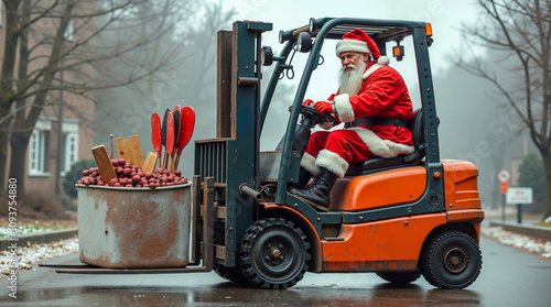 A man in a santa claus suit driving a forklift truck with a bucket full of pine cones photo