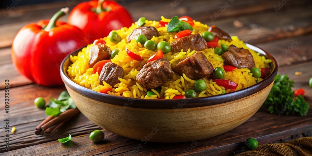 A Delicious Bowl of Yellow Rice with Savory Meat and Fresh Vegetables Isolated on a Clean Background for Culinary and Food Photography Needs A Delicious Bowl of Yellow Rice with Savory Meat and Fresh Vegetables Isolated on a Clean Background for Culinary and Food Photography Needs