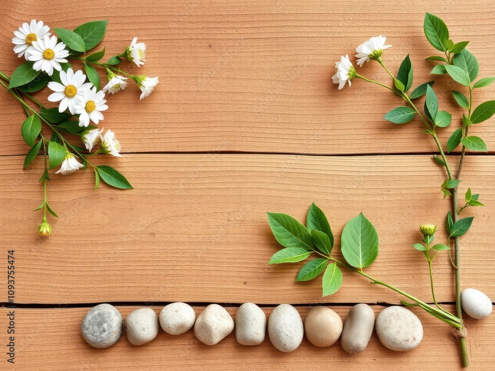 A collection of natural and organic elements on a blank moodboard, including leaves, wood, stones, and dried flowers, wood, eco-friendly, flowers A collection of natural and organic elements on a blank moodboard, including leaves, wood, stones, and dried flowers, wood, eco-friendly, flowers
